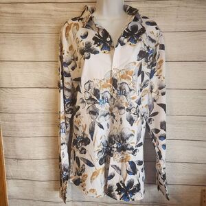 MyM Storm 3XL Floral Blouse White Blue Gold Boho Chic Button Top NWT